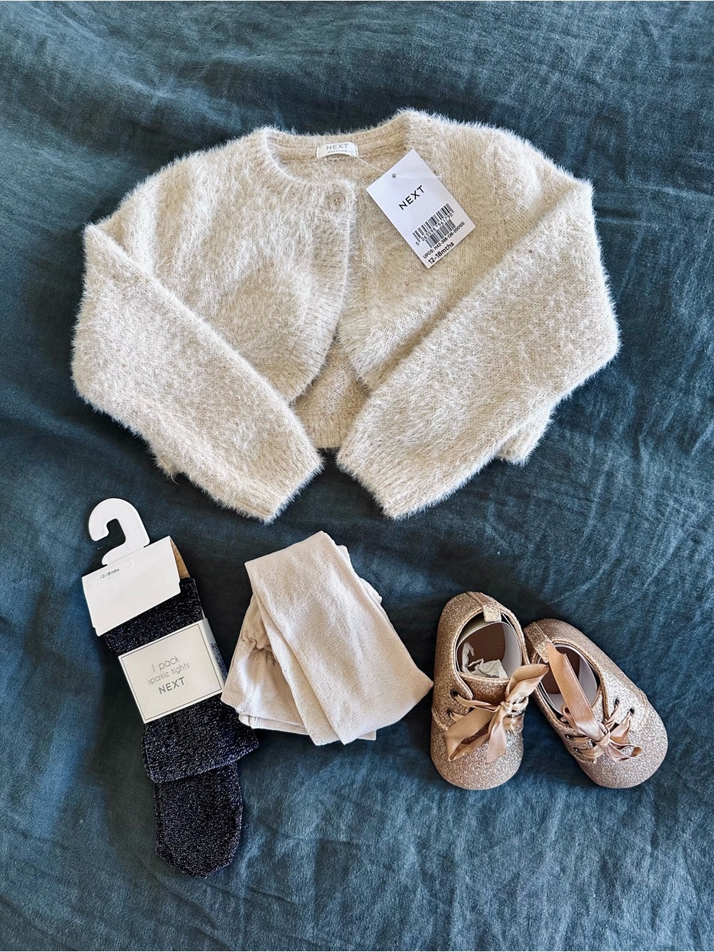 Flower girl baby bundle! Champagne shoes, tights, and cardigan sweater. NWT